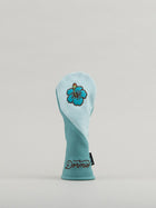 Light blue golf club head cover with a floral design and 'Dormie' branding