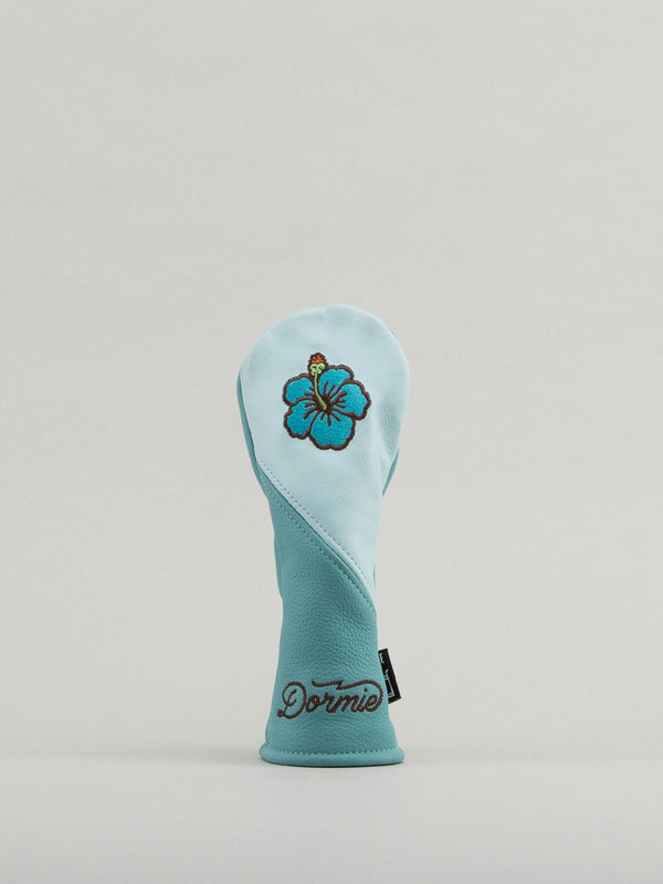 Light blue golf club head cover with a floral design and 'Dormie' branding