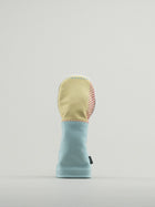 Golf club headcover made of pink, yellow and blue plaid with a blue leather base.