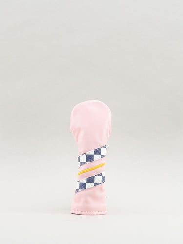 Pink dormie workshop golf head cover with checkered and yellow stripes