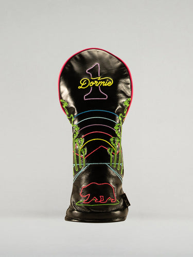 Neon Nights Golf club head cover with colorful design and 'Dormie' branding on a black background