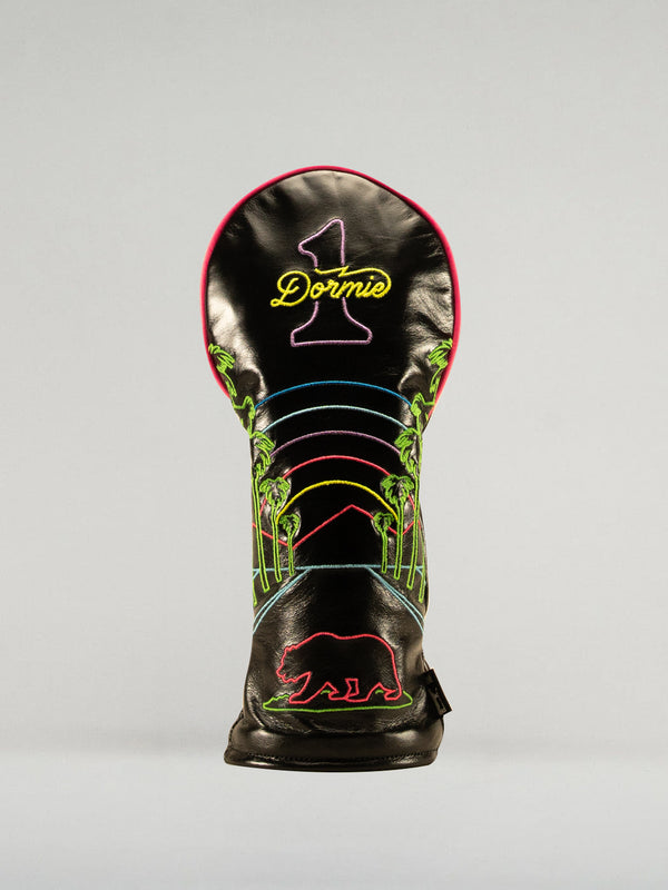 Neon Nights Golf club head cover with colorful design and 'Dormie' branding on a black background