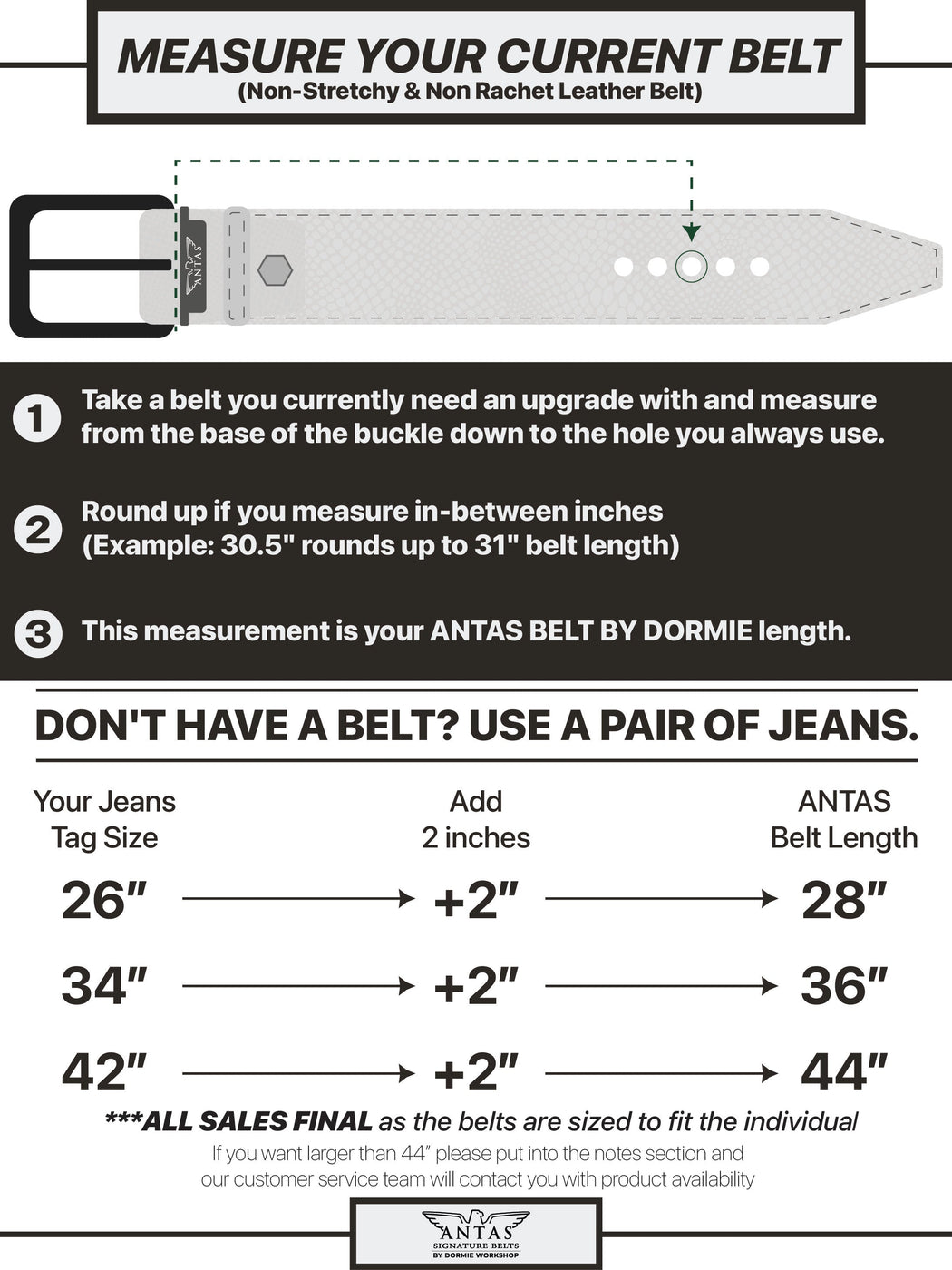 Antas by Dormie belt sizing chart