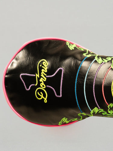 Neon Nights Golf club head cover with colorful design and 'Dormie' branding on a black background